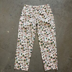 LL Bean Camping Print Pants Mens XL Tall Cream Cotton Blend Drawstring